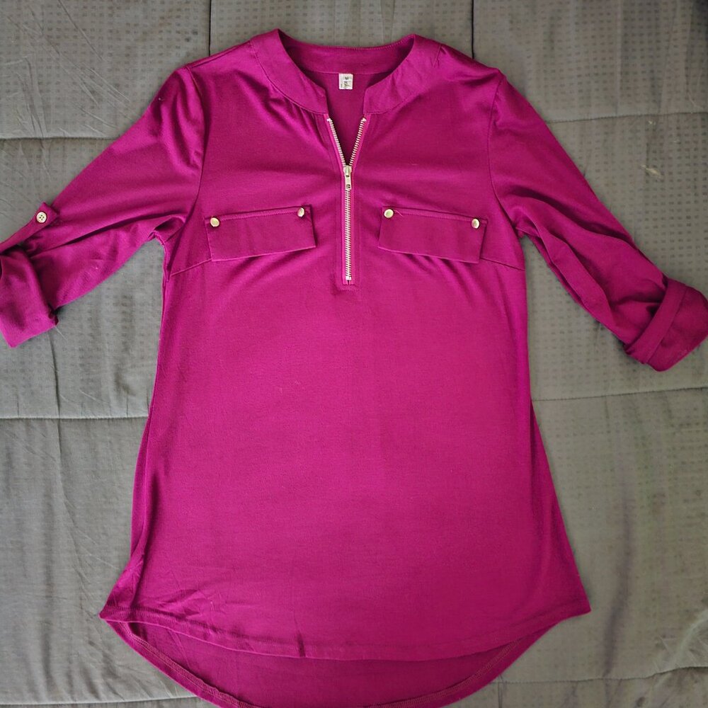 Magenta Quarter Zip V-neck Blouse